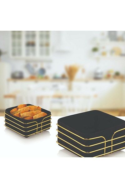 KAYA PAZARLAMA Square Gold Bread Holder Fabric Square Bread Holder with Metal Strip