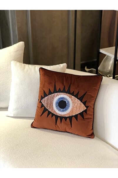 ge living Kirpikli Kiremit Kadife Bronz Içi Mavi Göz Işlemeli Kirlent Kılıfı