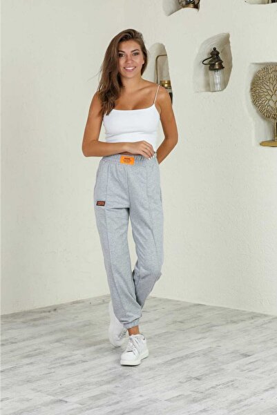 CNG MODA Γυναικείο ανοιχτό γκρι φούτερ με κεντημένο λαστιχένιο πόδι