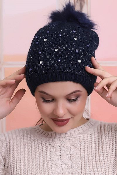 Deafox Тъмносиня дамска барета с детайли от камъни