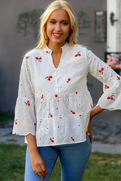 Chiccy Women's White-Red Sleeve and Hem with Sectioned Buttons and Embroidered High Collar Scallop Blouse M10010200BL94889