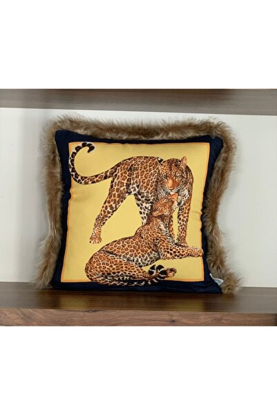 KIRLENTİM E970 Husă de pernă cu model pe ambele părți, galbenă, bleumarin, cu margini din pluș bej-gri