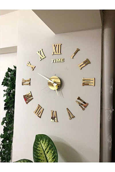 NT Handmade Gold Pleksi Romen Rakamlı Göbek Ahşap Duvar Saati Duvar Dekoru