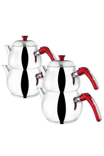 HAZARPAZAR Çaydanlık Çelik Kırmızı Kulplu Aile Boyu Toplam 4,30 Litre Çift Ka...
