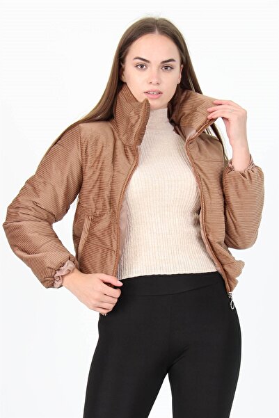 Neşeli Butik Дамско камел палто с висока яка, цип и джобове, подплатено с кадифе, Nb7154