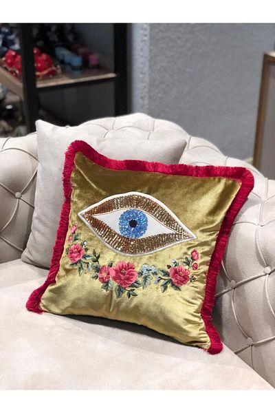 ge living Eye & Flower Embroidered Gold Velvet Fabric Decorative Throw Pillow Cover