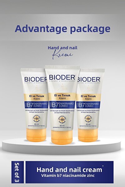 Bioder Hand and Nail Cream Skin Barrier and Nail Strengthening 50 ml - Vitamin B7 Niacinamide Zinc 3 Pack