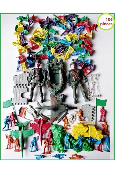 OYUNCAKSAHİLİ Soldier Strategy Game Set 106 Pieces 3 Packs One-Time Commando Airplane Fence Flag Rocks Jip Canoe Toy