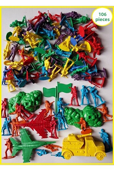 OYUNCAKSAHİLİ Soldier Strategy Game Set 106 Pieces 3 Packs One-Time Commando Airplane Fence Flag Rocks Jip Canoe Toy