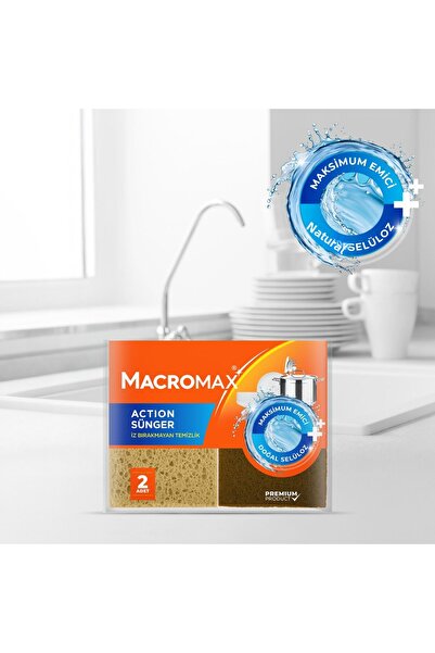 MACRO MAX Action Sponge 2 Pack, Natural Cellulose Maximum Absorbent Non-Marking Dishwashing Sponge
