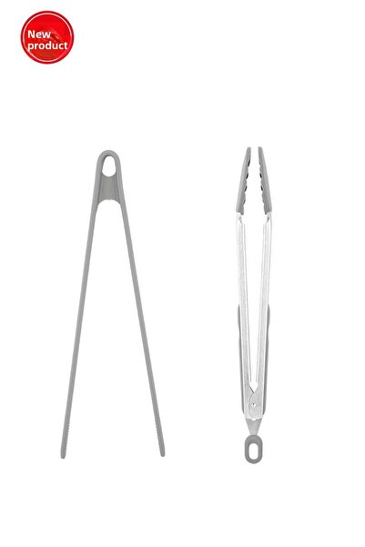 HAZARPAZAR Smoked Set of 2 Heat Resistant Silicone and Metal Frying Serving Tongs