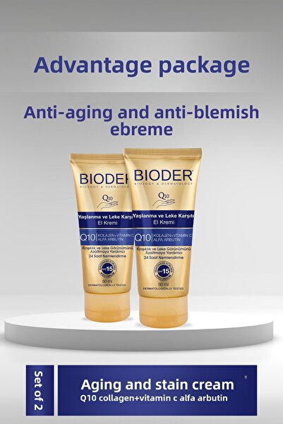 Bioder Anti-Aging Wrinkle and Blemish Hand Cream 50 ml - Collagen Q10 Arbutin Vitamin C Spf 15 2 Pack