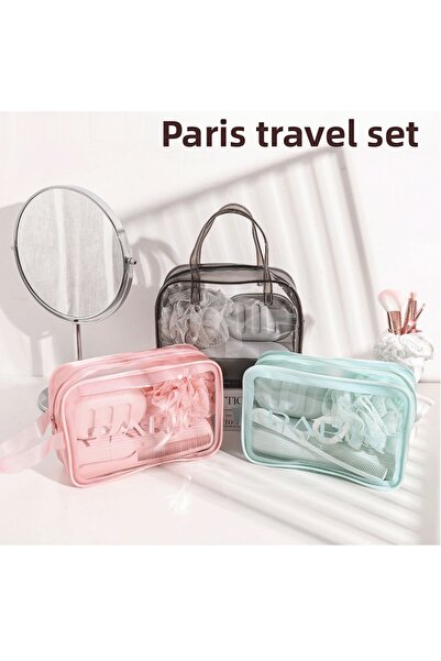 ARVALE Paris Travel Set |   Shower Loofah, Soap Dish, Comb & Makeup Box – Transparent Portable Bag