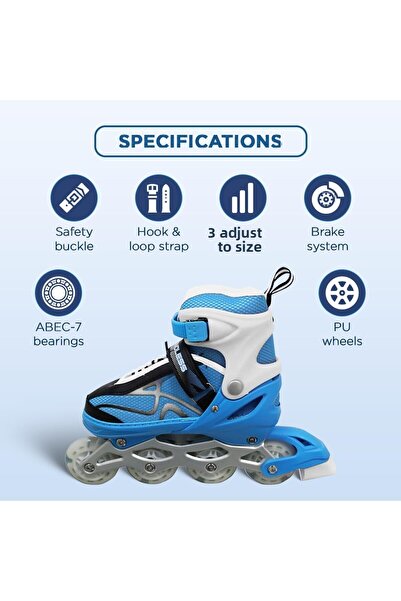 Endless Inline Adjustable Skates | Large Size 39-43 Eur | Blue, White | Flashing Wheels