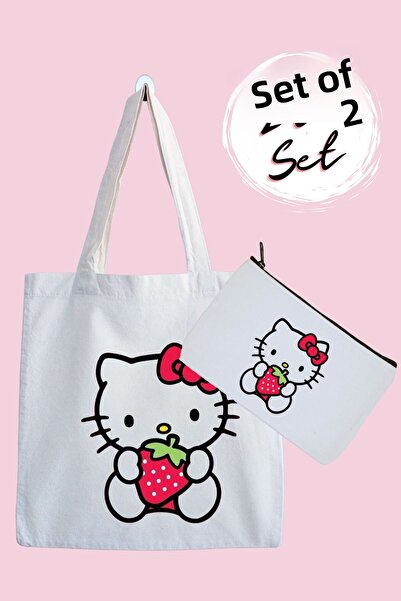 designedfy Hello Kitty Strawberry Waterproof Tote Bag and Pen Holder 2-Pack A...