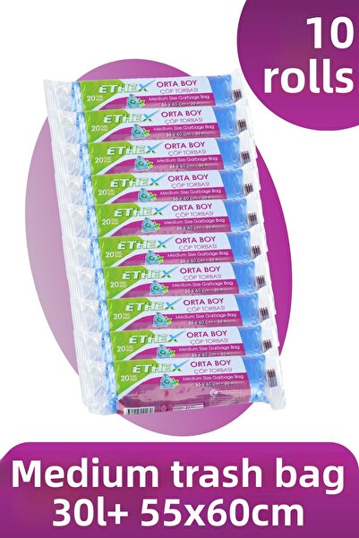 Ethex كيس قمامة متوسط ​​قياسي (20 قطعة 55 × 66 سم 30 لتر أزرق 10 لفات)