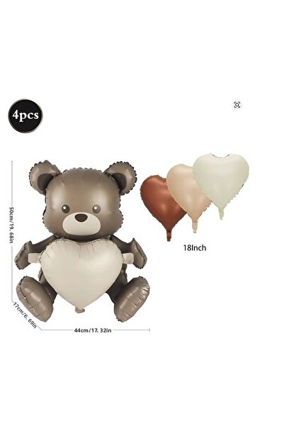 Partifabrik Retro Brown Teddy Bear and 3 Heart Foil Balloons