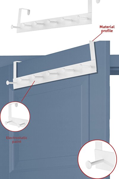 vipgross Πρακτικό και κομψό μεταλλικό κρεμάστρα πίσω από την πόρτα 6 τεμαχίων - Χωρητικότητα 30 κιλών, Λευκό, Μήκος 46,5 εκ. KARACA