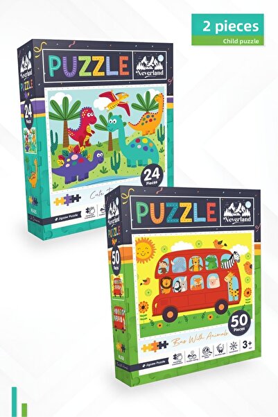 Neverland أحجية أطفال مكونة من قطعتين - 24 قطعة ديناصورات لطيفة و50 قطعة حافل...