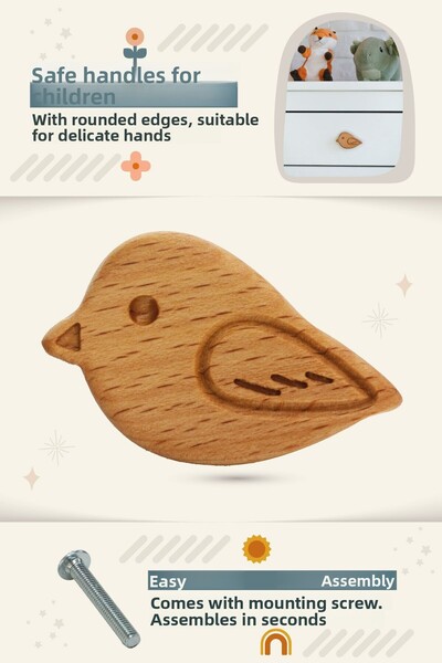 Üreet Left Facing Bird Patterned (1 Pc) Baby Kids Room Wooden Furniture Cabinet Drawer Handle