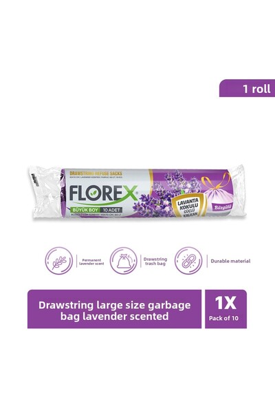 Florex كيس قمامة برباط كبير الحجم 10 قطع لافندر