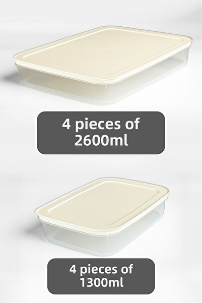 Mutfak Köşesi 8-Piece White Refrigerator Organizer - Microwave and Freezer Storage Container, 4 X 2600 ml and 4 X 1300 ml