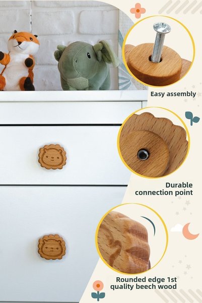 Üreet Lion Design Wooden Cabinet Handle for Children's Room (Single)
