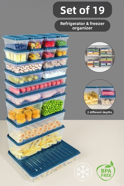 Meleni Home Set de organizatoare pentru frigider din 19 piese Container de depozitare pentru organizator Recipient pentru congelator pentru cuptorul cu microunde adânc și superficial Albastru