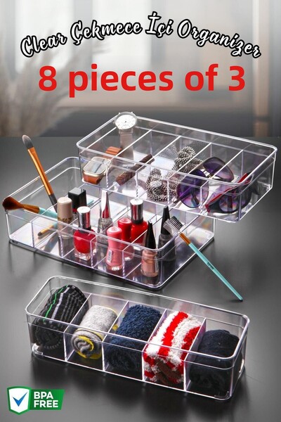 Nandy Home 5 Compartment Clear Drawer & Cabinet Organizer Set of 3 Small/Medium/Large