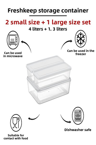 bizimevde 3 Storage Containers (1 Large-2 Medium Size) 4 Liters + 1.3 Liters Deep Freezer Microwave Compatible