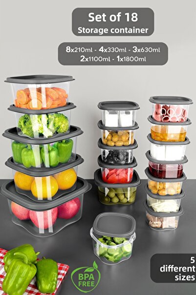 Meleni Home Set de depozitare a alimentelor pătrate antracit din 18 piese - Recipient pentru frigider și cuptor cu microunde