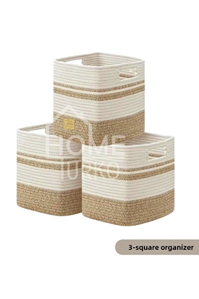 HomeTurko مجموعة تخزين مربعة لطيفة من الجوت مكونة من 3 قطع - للمنزل والمكتب والغرفة والفندق