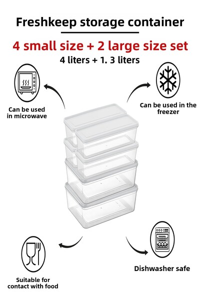 bizimevde 6 Storage Containers (2 Large-4 Medium Size) 4 Liters + 1.3 Liters Deep Freezer Microwave Compatible