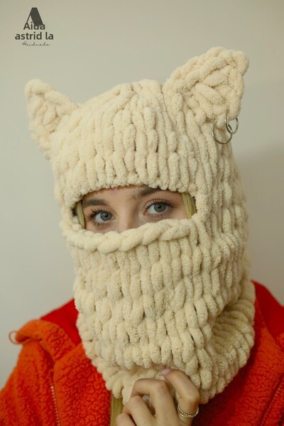 AidaAstrid Căciulă de tricotat cu figuri de animale pisică Mască pentru urechi pentru schi și snowboard Balaclava Căciulă de tricotat