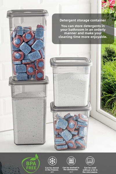 Meleni Home Σετ αποθήκευσης απορρυπαντικού 4 τεμαχίων - Organizer μπάνιου με ετικέτα, αεροστεγές καπάκι