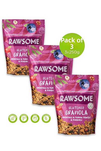 Rawsome 3 × 250 جرام جرانولا أرونيا رويو تونا وخالية من الغلوتين مع البندق والبندق