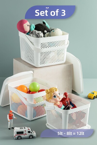 MYBOX Set of 3 Toys Storage Box for Baby and Child - with Lid, Multipurpose Organizer 5-8-12Lt