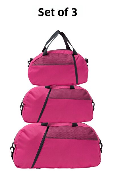 MUCCO حقيبة سفر باللون الوردي مكونة من 3 قطع مع جيب أمامي وحزام كتف قابل للتعديل