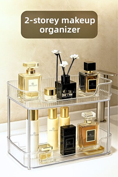 Metsar Home 2-Tier Crystal Makeup Organizer, Metal Legs, Multi-Purpose Jewelr...