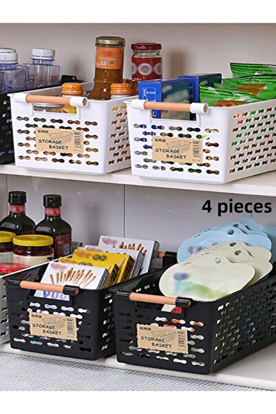 Bayev Set of 4 (2 Black 2 White) Wooden Colored Kitchen Bathroom Organizer - Bread and Vegetable Basket