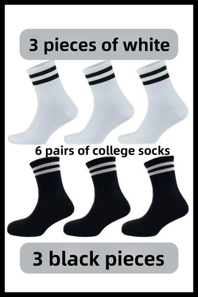 madelion Unisex 6-Piece Tennis College Socks 3 Black And 3 White