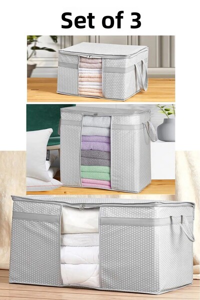 Serstil Комплект от 3 сиви чанти за съхранение на завивка, възглавница, чаршаф и дрехи на точки с прозорче