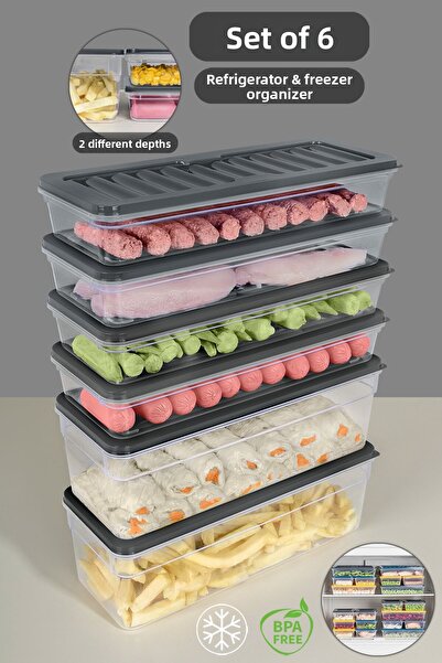 Meleni Home Set de 6 organizatoare pentru frigider antracit - Recipient pentr...