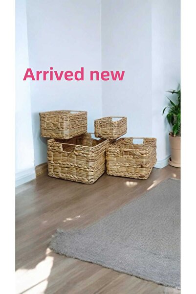 Yenigeldi 4 قطع من صناديق التخزين الطبيعية بمقبض - مجموعة سلة مستطيلة 2400174