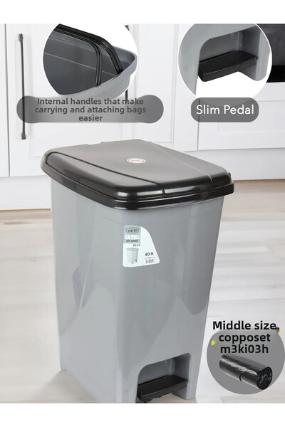 Lider Pedal Gray Bathroom Kitchen Trash Can with Black Lid Slim Pedal Trash Can 15 Liters