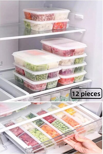 Bayev 12 Pieces 4 Compartments Frozen Lunch Food Meat and Vegetable Storage Container - Portion Icebox Mincer Box