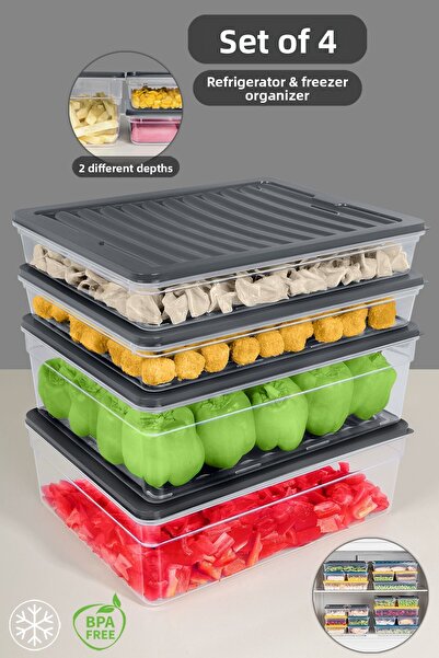 Meleni Home Set de 4 organizatoare pentru frigider antracit - Recipient pentr...