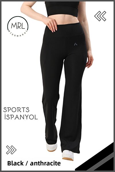 missmaral Women's Tights Pants, High Waist Gathering Black/Anthracite Stripe Landing Pocket 1042