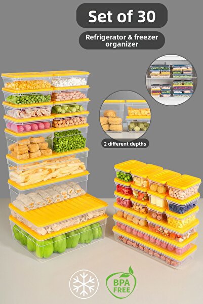 Meleni Home Set de 30 de organizatoare galbene pentru frigider - Recipiente pentru congelator pentru cuptor cu microunde adânc și superficial