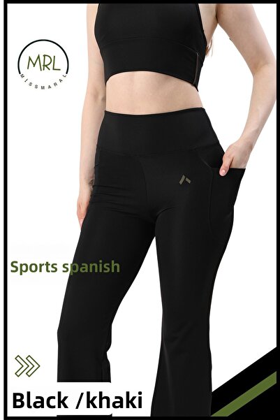 missmaral Women's Leggings Trousers Lycra High Waist Recovery Fabric Black / Khaki Stripe Detailed with Pockets 1042